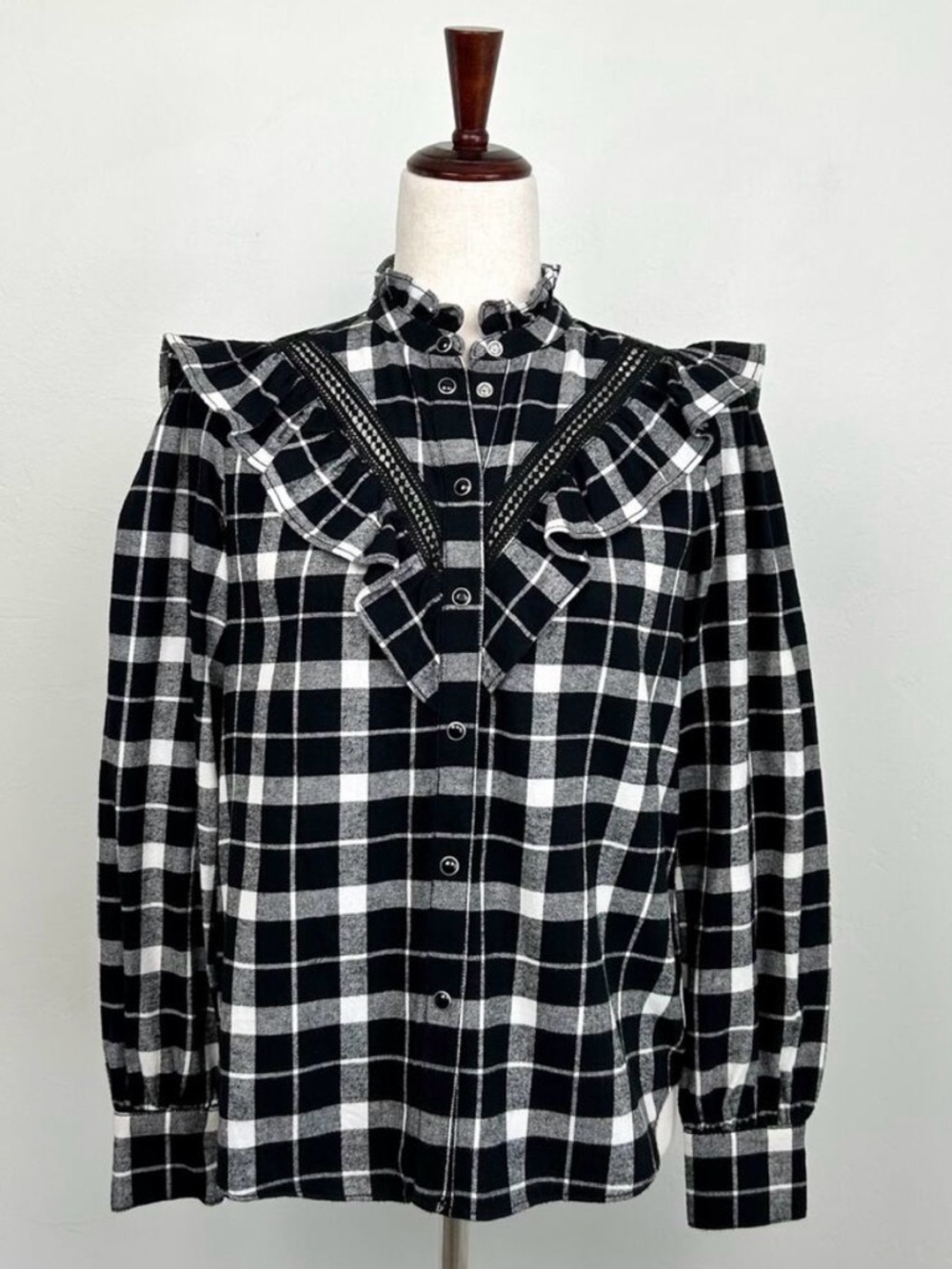 Kate Spade XS Black Plaid Flannel Plaid Ruffle Snap Front Prairie Blouse NWT